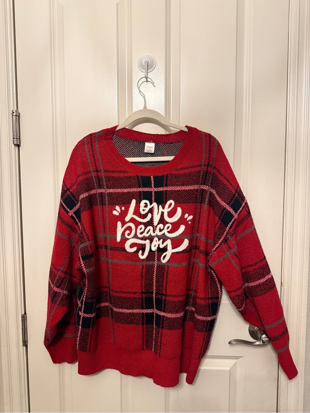 Red Plaid "Love Peace Joy" Holiday Sweater